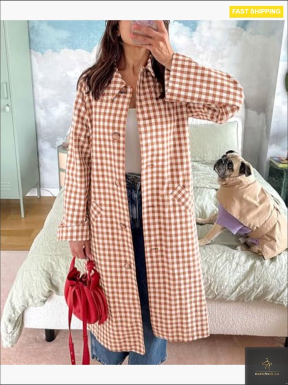 Classic Plaid Trench Coat Long Jacket Single Breasted Barn Style Outerwear - Picture 2 of 7